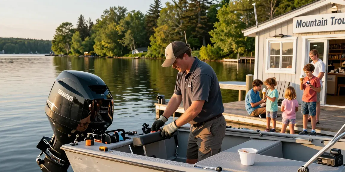 Boat repairs at Mountain Trout House Marina with mechanic working on an outboard motor.