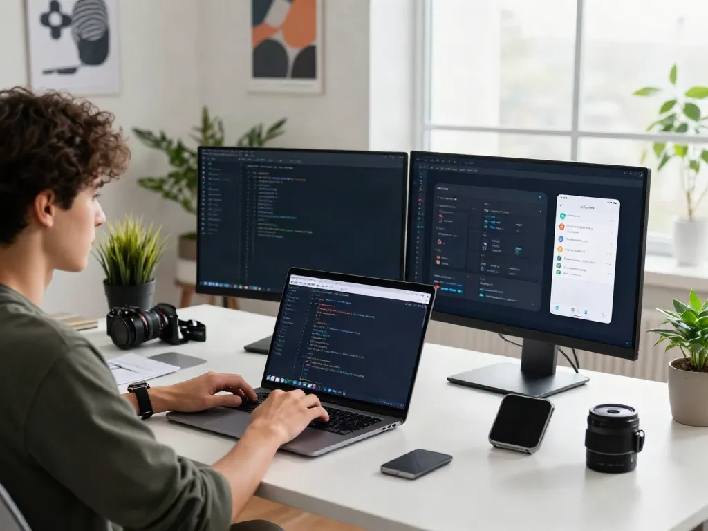 Developer focused on coding while preparing to download the apk in a modern tech workspace.