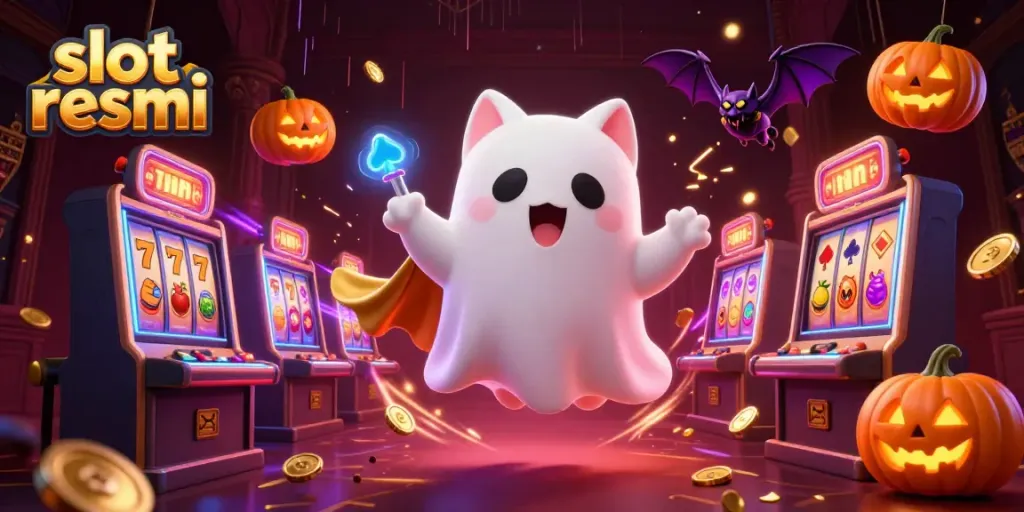Engage in thrilling gaming action with slot resmi, featuring a ghost cat and vampire bat in a vibrant casino.
