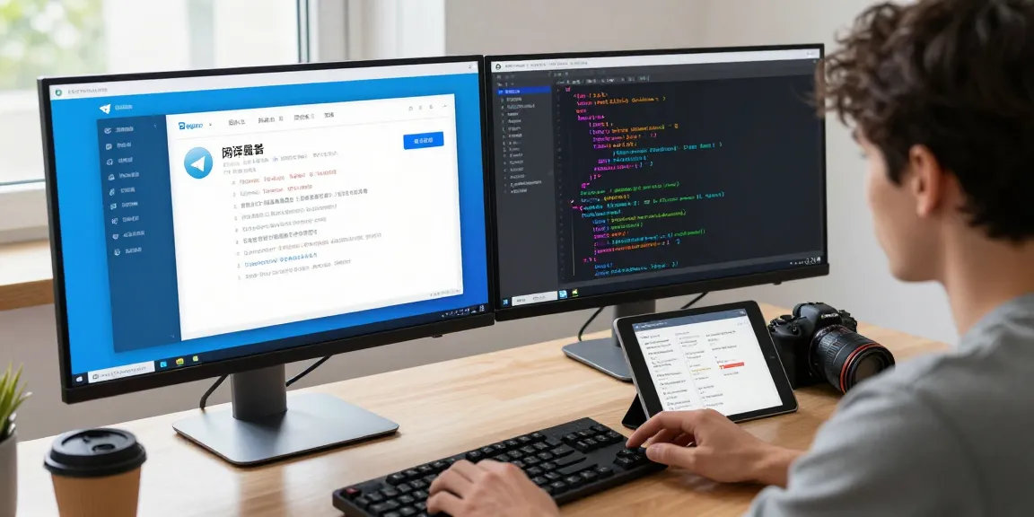 Configuring Telegram Chinese interface on a dual-monitor setup in a modern workspace.