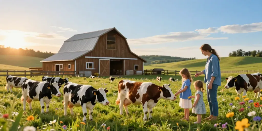 Miniature cows for sale in a picturesque farm setting, showcasing interaction with families.