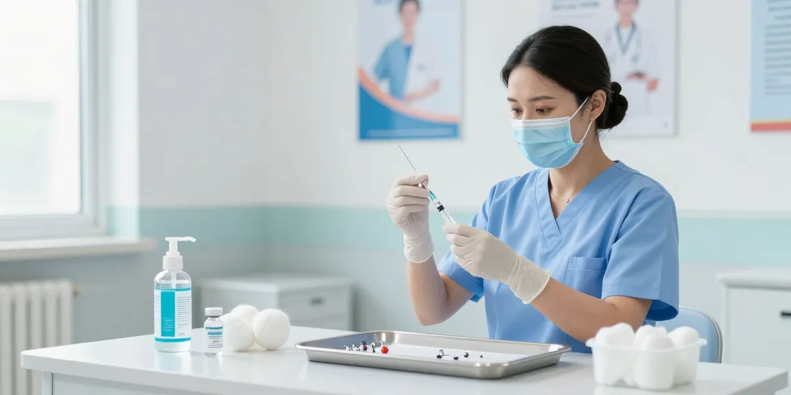 Healthcare professional preparing an injection needle in a clean clinical setting, emphasizing patient care.