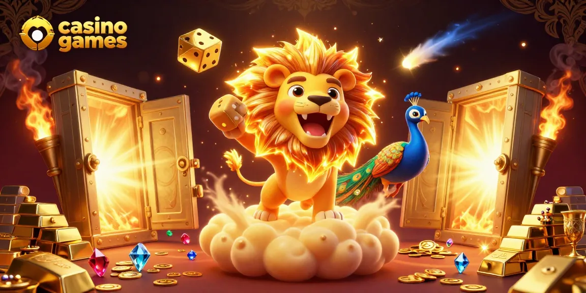 Engage with casino games illustrated as a roaring lion, gleaming dices, and sparkling treasures.